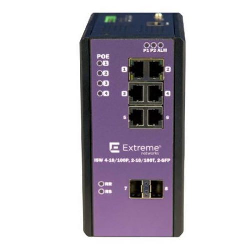 Extreme Networks ExtremeSwitching Industrial Ethernet Switches ISW 4-10/100P, 2-10/100T, 2-SFP - Switch - gestito - 4 x 10/100 (PoE+) + 2 x SFP + 2 x 10/100 - montabile su rail DIN, montaggio a parete - PoE+ (120 W) - alimentazione CC